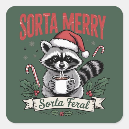 Sorta Merry Sorta Feral Christmas Raccoon Xmas スクエアシール (正面)
