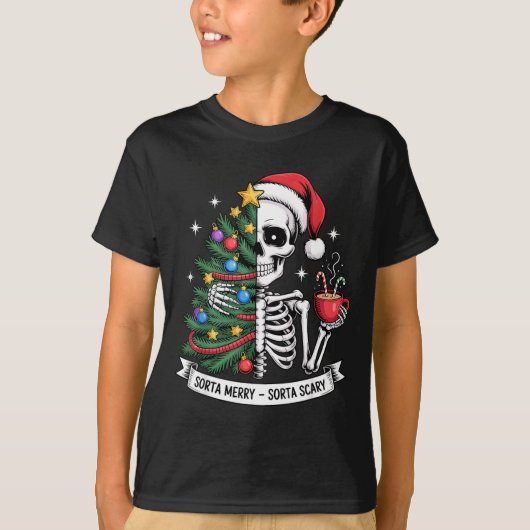 Sorta Merry Sorta Y Santa Skeleton Cocoa Christmas Tシャツ (正面)