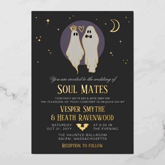 Soul Mates Halloween Haunted Ghost Wedding 箔招待状 (正面)