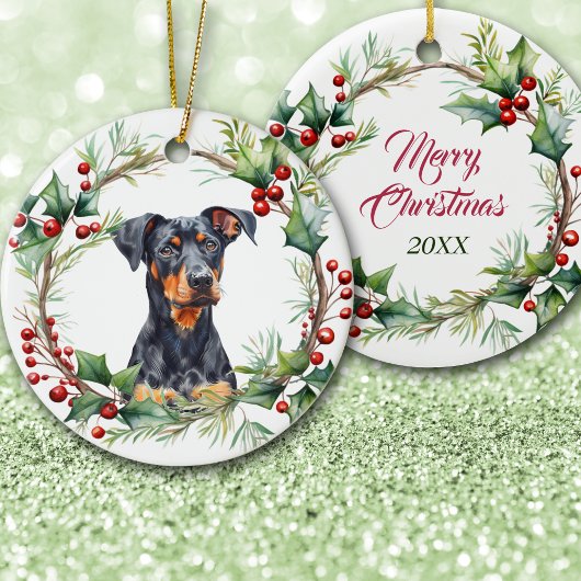 Soulful Doberman Pinscher Dog in Holly Twig Wreath セラミックオーナメント