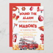 Sound the alarm Fire truck Firefighter Birthday 招待状 (正面/裏面)