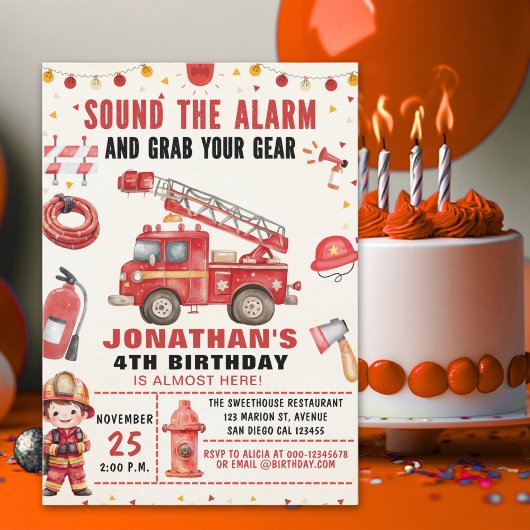 Sound the Alarm! Firefighter Birthday for Boys 招待状