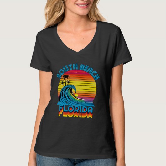 South Beach Florida Retro Throwback Surf & Beach S Tシャツ (正面)