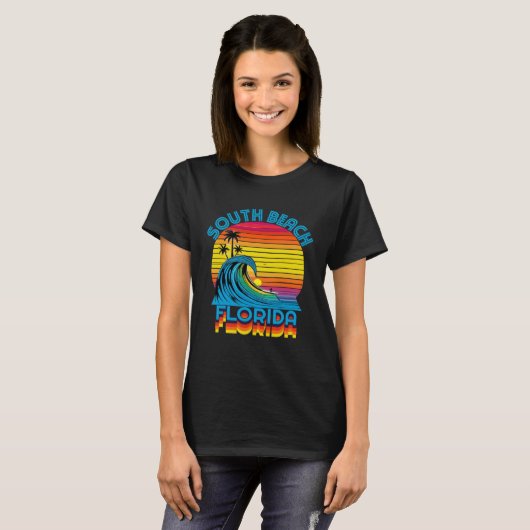 South Beach Florida Retro Throwback Surf & Beach S Tシャツ (正面フル)