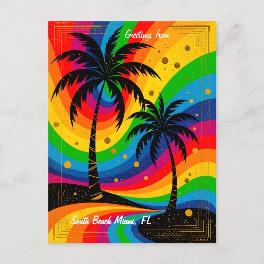 [South Beach Vibes] Colorful Retro Palm Trees ポストカード (正面)