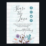 Southern Country Cotton Wedding Hashtag Photo Sign ポスター<br><div class="desc">Accent your southern country wedding with the charming elegance of watercolor styling! This unique design features a realistic rustic wood texture background and sweet cotton boll botanical floral spray elements. The on-trend color palette uses soft shades of coral, lavender, turquoise and earth tones. Celebrate your love with friends and family...</div>