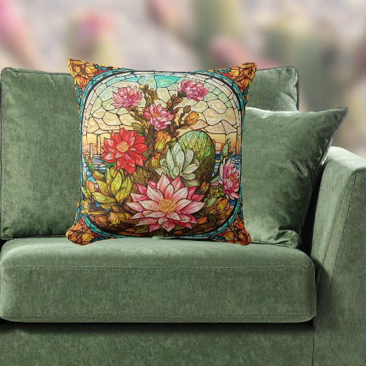 Southwest Cactus n Pink Flowers Faux Stained Glass クッション
