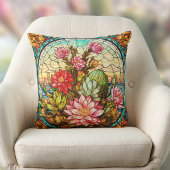 Southwest Cactus n Pink Flowers Faux Stained Glass クッション