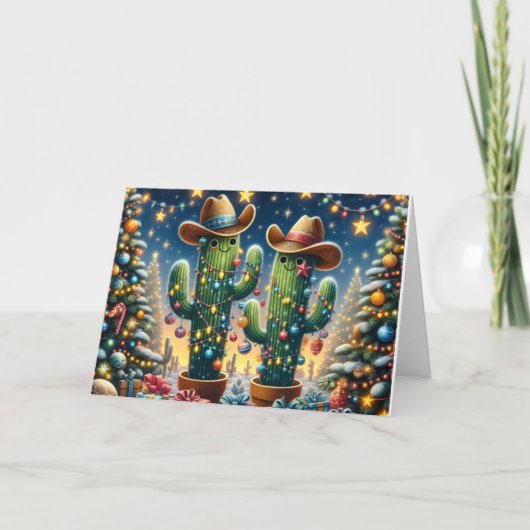 Southwest Cactus with Cowboy Hat Christmas シーズンカード (正面)