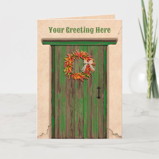 Southwest Chile Ristra Wreath on Rustic Green Door カード (正面)