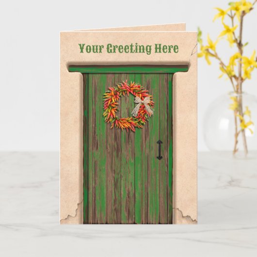 Southwest Chile Ristra Wreath on Rustic Green Door カード (黄色い花)