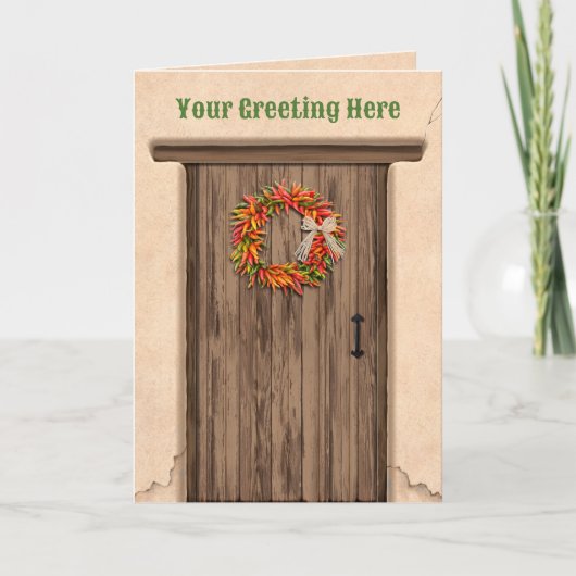 Southwest Chile Ristra Wreath on Rustic Wood Door カード (正面)