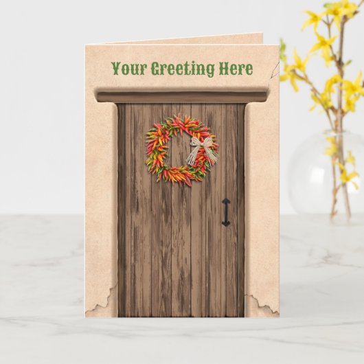 Southwest Chile Ristra Wreath on Rustic Wood Door カード (黄色い花)