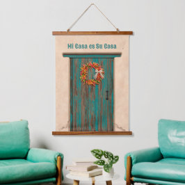 Southwest Chile Wreath on Rustic Blue Wood Door  吊り下げ型タペストリー