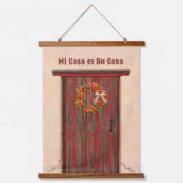 Southwest Chile Wreath on Rustic Red Wood Door 吊り下げ型タペストリー