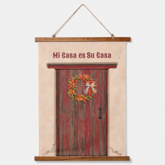 Southwest Chile Wreath on Rustic Red Wood Door 吊り下げ型タペストリー (正面)