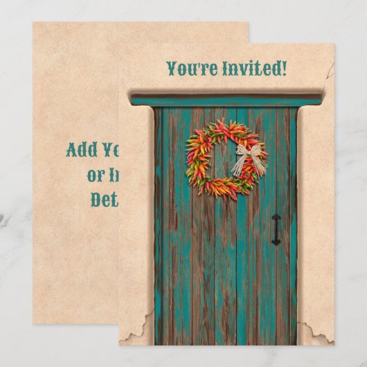 Southwest Chile Wreath Rustic Blue Door Holiday 招待状 (正面/裏面)