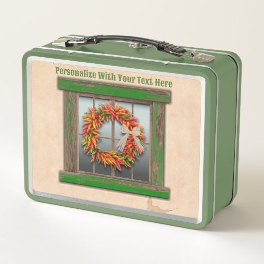 Southwest Chile Wreath Rustic Window Personalized メタルランチボックス (裏面)