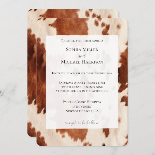 Southwest Cream Brown Cowhide Western Wedding 招待状 (正面/裏面)