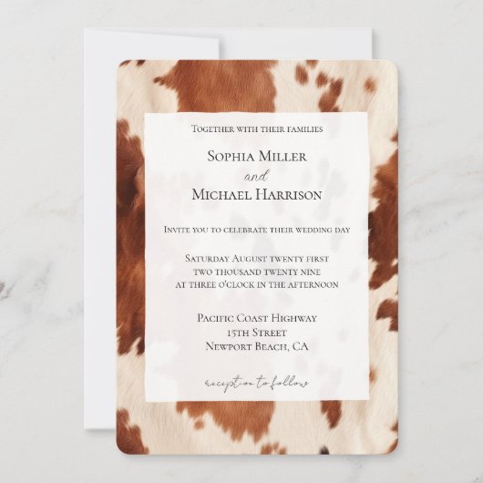 Southwest Cream Brown Cowhide Western Wedding 招待状 (正面)