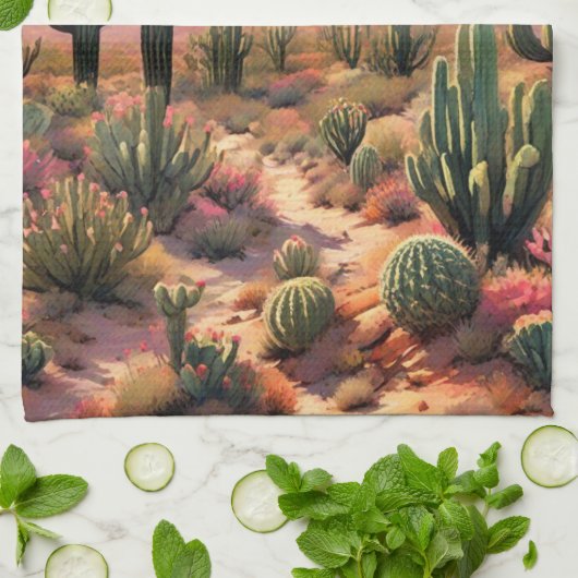 Southwest Desert Cactus Scene  キッチンタオル (折り畳み)