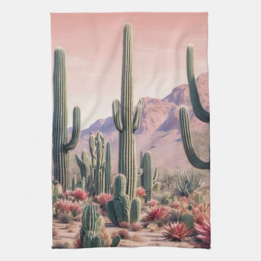 Southwest Desert Cactus Scene  キッチンタオル (縦)