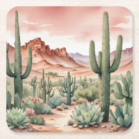 Southwest Desert Cactus Scene  スクエアペーパーコースター (正面)