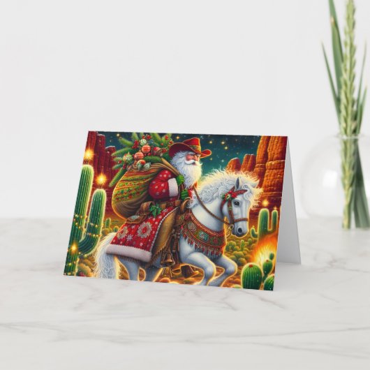 Southwest Santa Delivering Gifts On Horseback シーズンカード (正面)