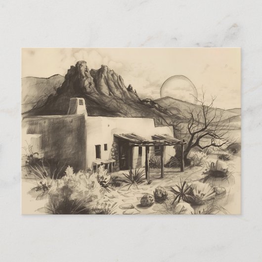 Southwestern Adobe House with Desert Landscape  ポストカード (正面)