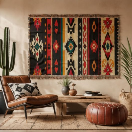 Southwestern Aztec Geometric Black Red Turquoise スローブランケット