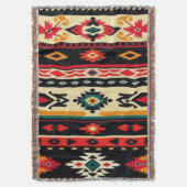 Southwestern Aztec Geometric Black Red Turquoise スローブランケット (正面縦)