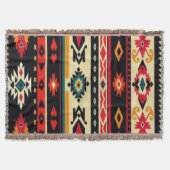 Southwestern Aztec Geometric Black Red Turquoise スローブランケット (正面)