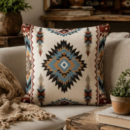 Southwestern Aztec Geometric Boho Blue, Rust & Cre クッション