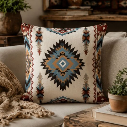 Southwestern Aztec Geometric Boho Blue, Rust & Cre クッション