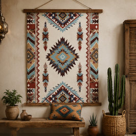 Southwestern Aztec Geometric Boho Blue, Rust & Cre 吊り下げ型タペストリー