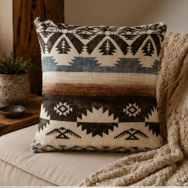 Southwestern Aztec Geometric Pattern in Black クッション