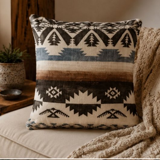 Southwestern Aztec Geometric Pattern in Black クッション
