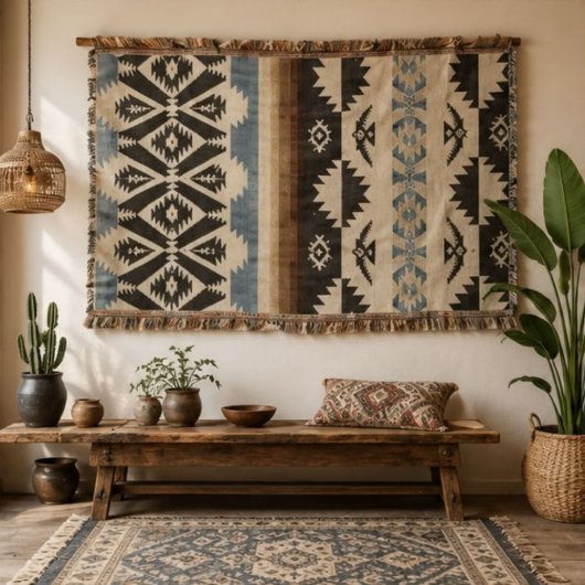 Southwestern Aztec Geometric Pattern in Black スローブランケット