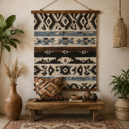 Southwestern Aztec Geometric Pattern in Black 吊り下げ型タペストリー