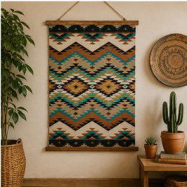 Southwestern Aztec Turquoise Orange Black Tribal 吊り下げ型タペストリー