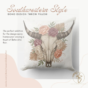 Southwestern Boho デザイン ブル スカル スロー ピロー