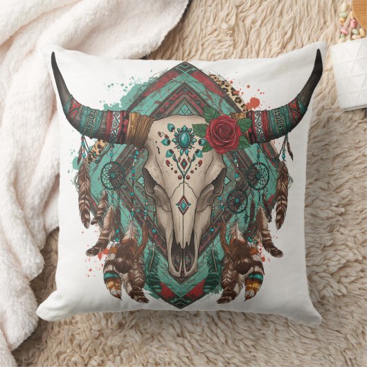 Southwestern Boho Design Bull Skull Throw Pillow クッション (ブランケット)
