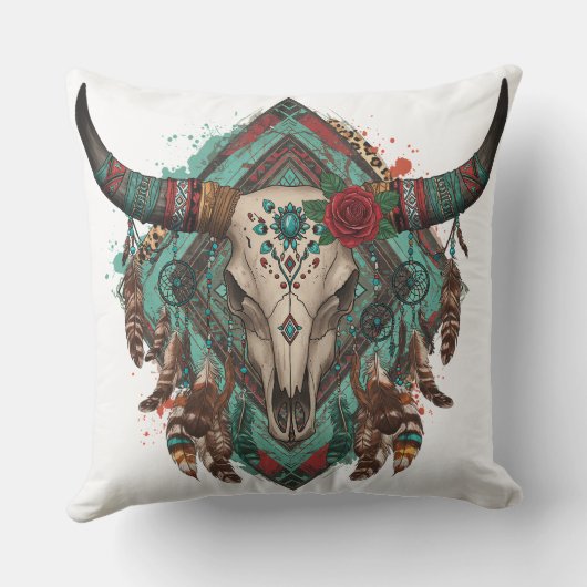 Southwestern Boho Design Bull Skull Throw Pillow クッション (裏面)