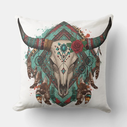 Southwestern Boho Design Bull Skull Throw Pillow クッション (正面)