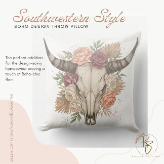 Southwestern Boho Design Bull Skull Throw Pillow クッション