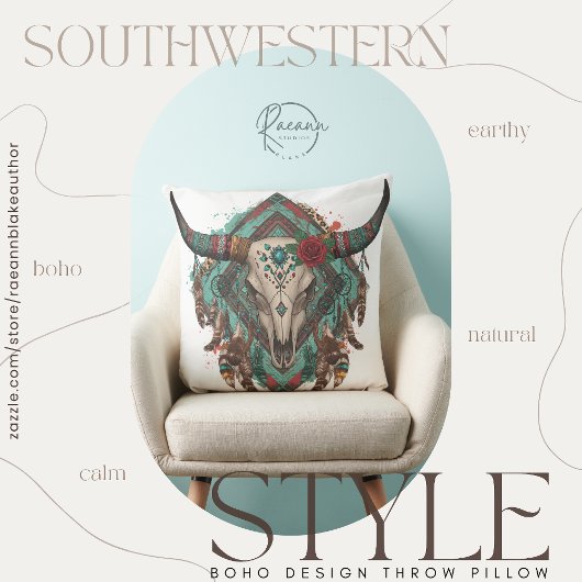Southwestern Boho Design Bull Skull Throw Pillow クッション