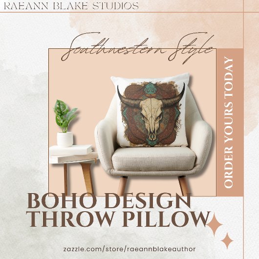 Southwestern Boho Design Bull Skull Throw Pillow クッション