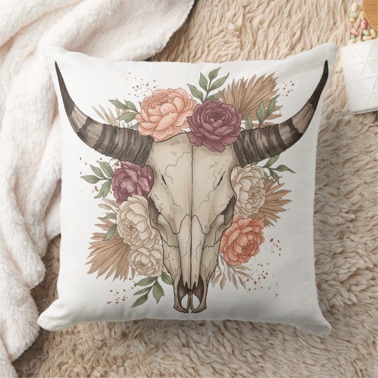 Southwestern Boho Design Bull Skull Throw Pillow クッション (ブランケット)