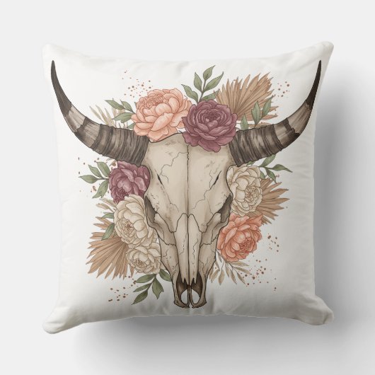Southwestern Boho Design Bull Skull Throw Pillow クッション (裏面)