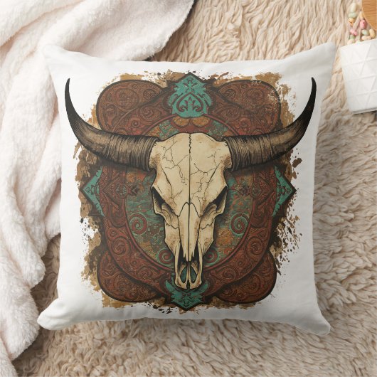 Southwestern Boho Design Bull Skull Throw Pillow クッション (ブランケット)